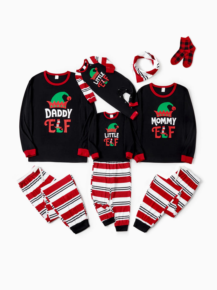 Christmas Matching Family Pajamas Set Elf Print PJS with Christmas Socks Black