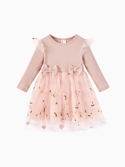 Robe en maille fleurie 3D pour bébé fille, rose clair