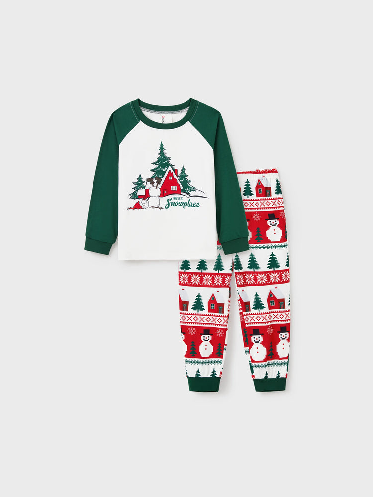Christmas Matching Family Pajamas Set Snowman and Christmas Tree Print White PJS with Christmas Socks ( Defective Product) Dark Green