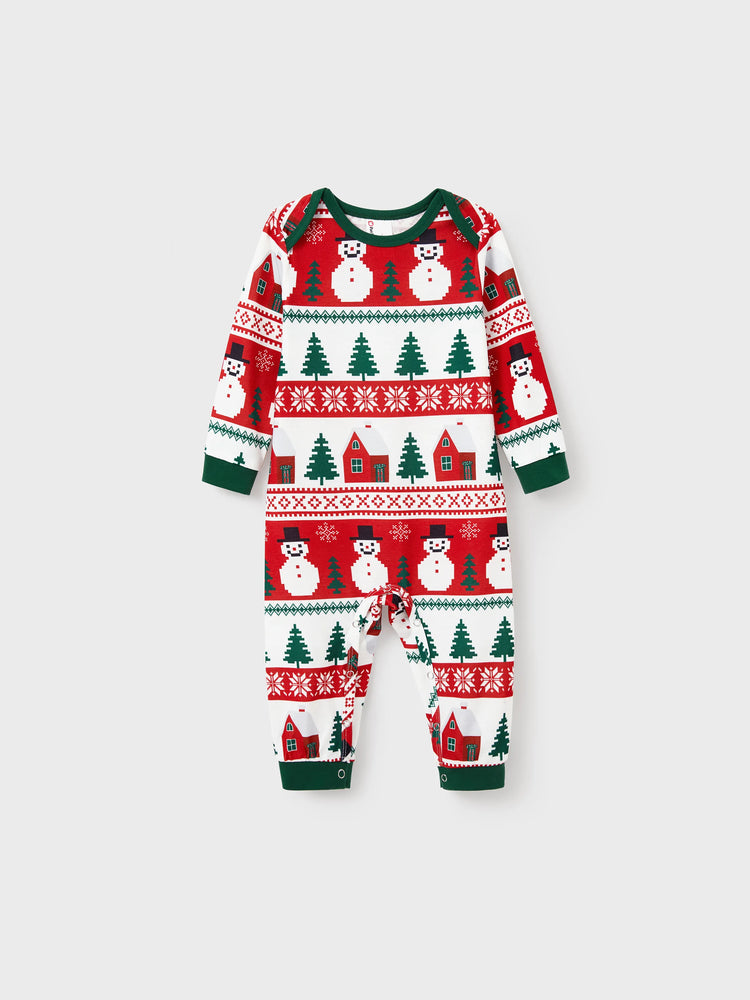 Christmas Matching Family Pajamas Set Snowman and Christmas Tree Print White PJS with Christmas Socks ( Defective Product) Dark Green