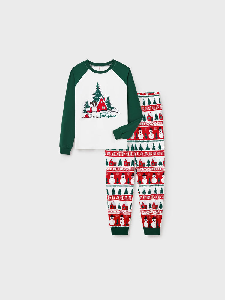 Christmas Matching Family Pajamas Set Snowman and Christmas Tree Print White PJS with Christmas Socks ( Defective Product) Dark Green