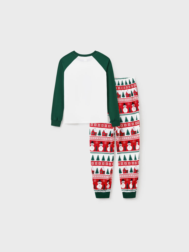Christmas Matching Family Pajamas Set Snowman and Christmas Tree Print White PJS with Christmas Socks ( Defective Product) Dark Green