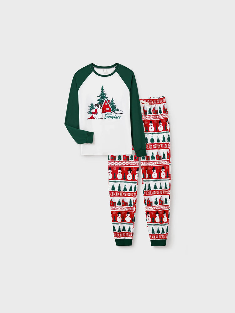 Christmas Matching Family Pajamas Set Snowman and Christmas Tree Print White PJS with Christmas Socks ( Defective Product) Dark Green