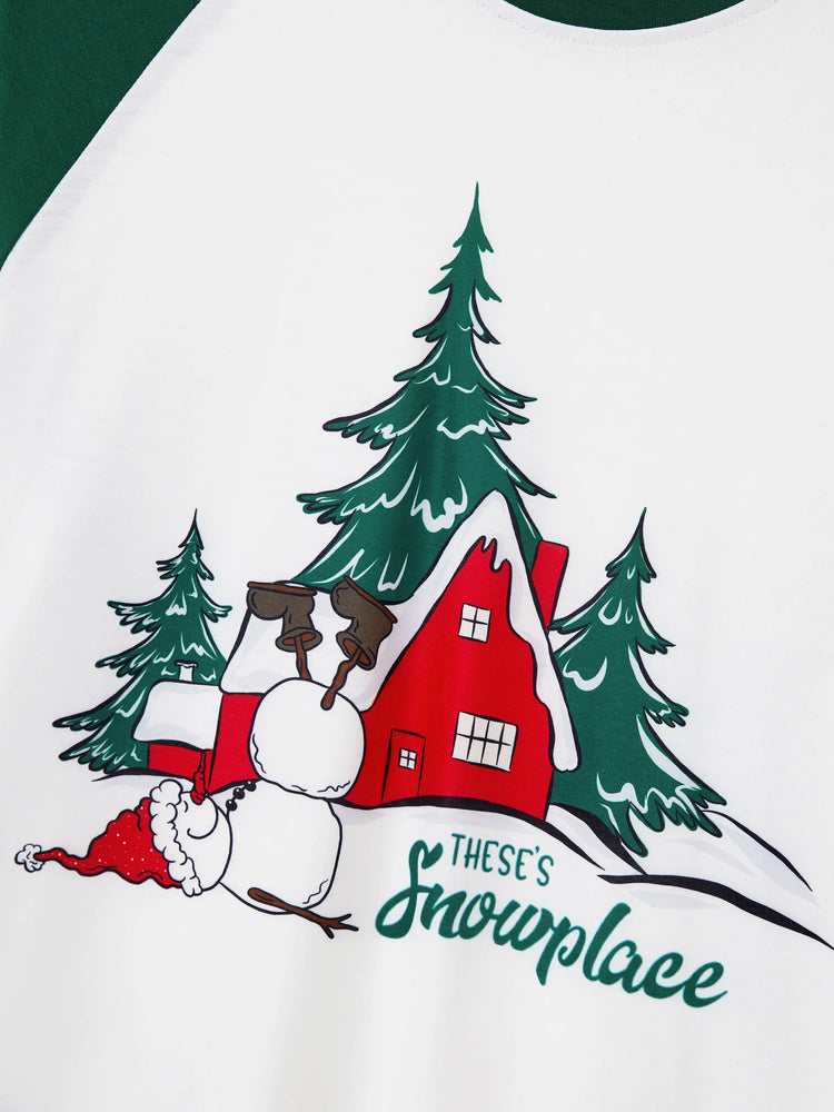Christmas Matching Family Pajamas Set Snowman and Christmas Tree Print White PJS with Christmas Socks ( Defective Product) Dark Green
