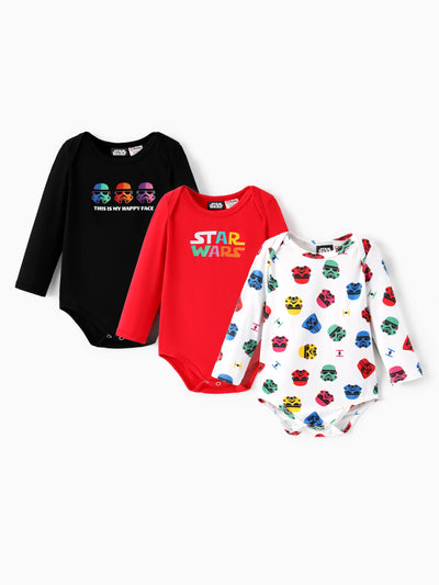 Star Wars three-piece long-sleeve baby bamboo rompers set with childlike prints and round necklines, multi-color.
