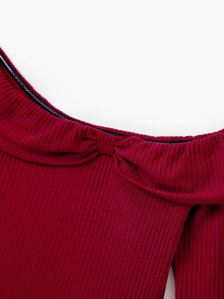 Ensemble de tenues familiales assorties : chemise à manches longues et robe en tricot à carreaux à manches longues et épaules dénudées, bordeaux