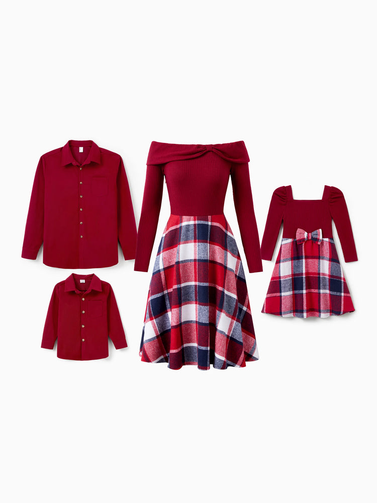 Ensemble de tenues familiales assorties : chemise à manches longues et robe en tricot à carreaux à manches longues et épaules dénudées, bordeaux