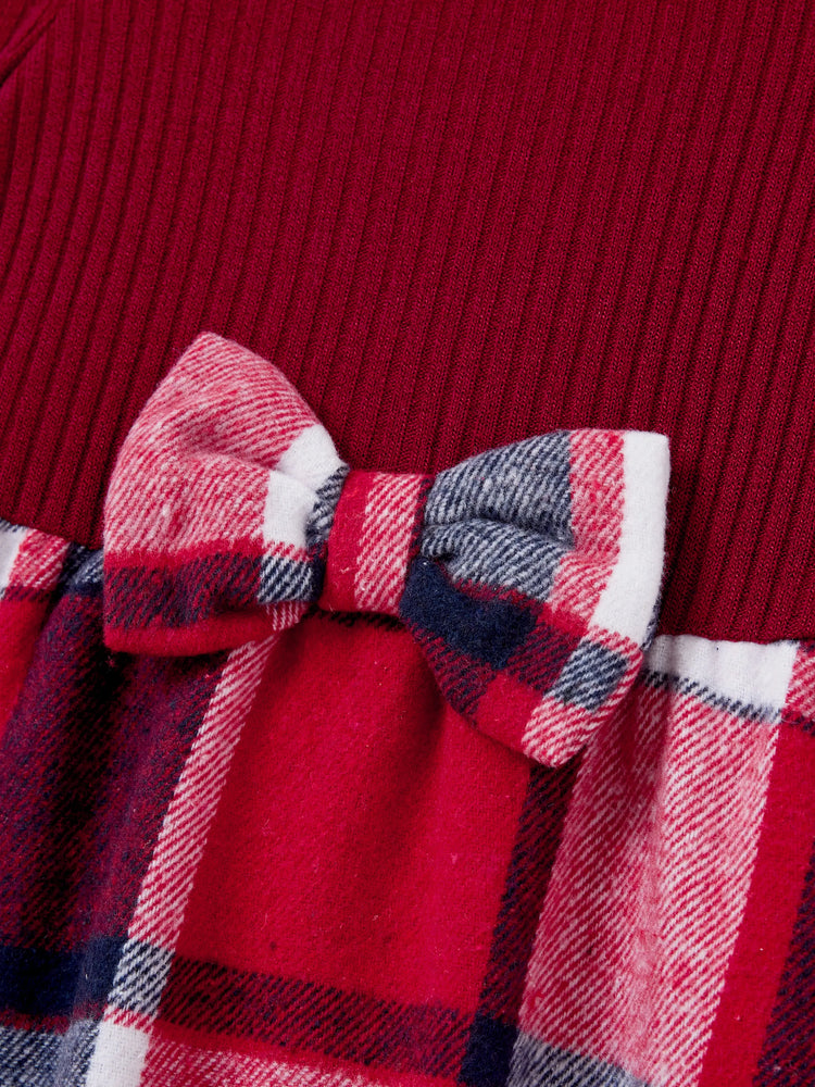 Ensemble de tenues familiales assorties : chemise à manches longues et robe en tricot à carreaux à manches longues et épaules dénudées, bordeaux