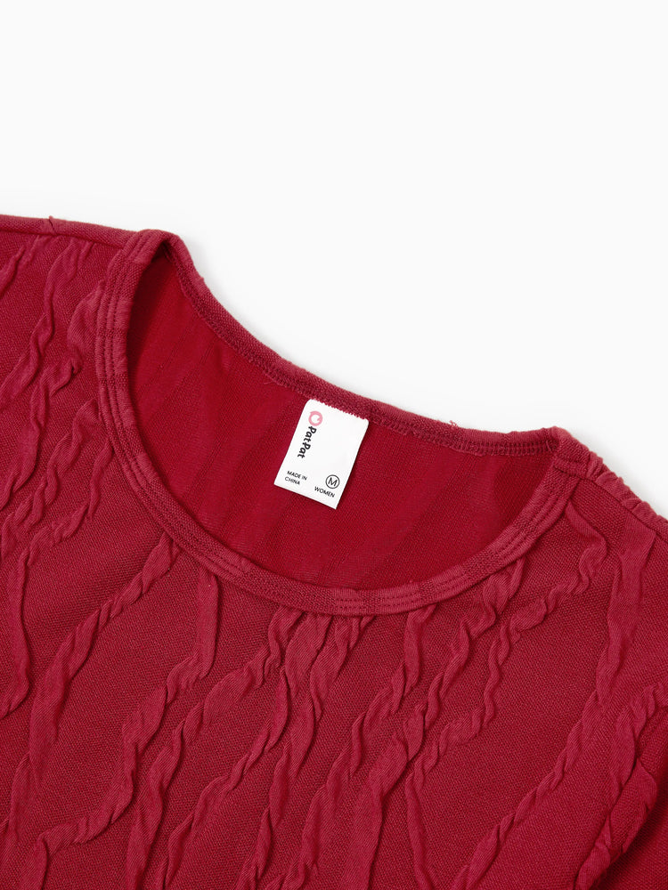 Robe texturée assortie mère-fille avec nœud, tenues familiales assorties à manches longues pour maman et moi, rouge brique