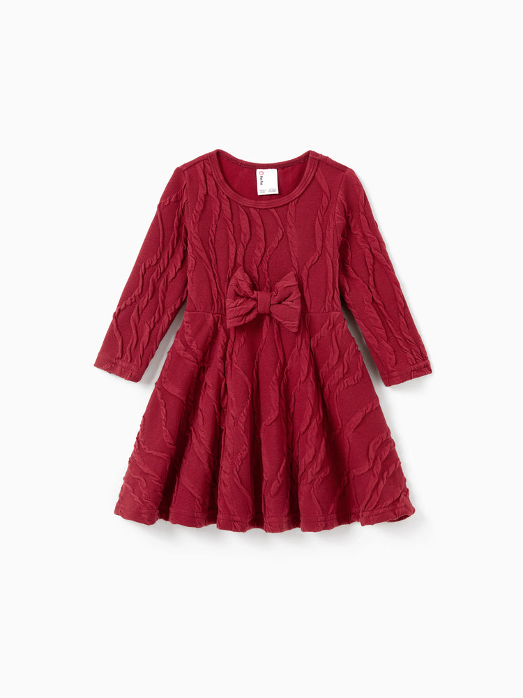 Robe texturée assortie mère-fille avec nœud, tenues familiales assorties à manches longues pour maman et moi, rouge brique