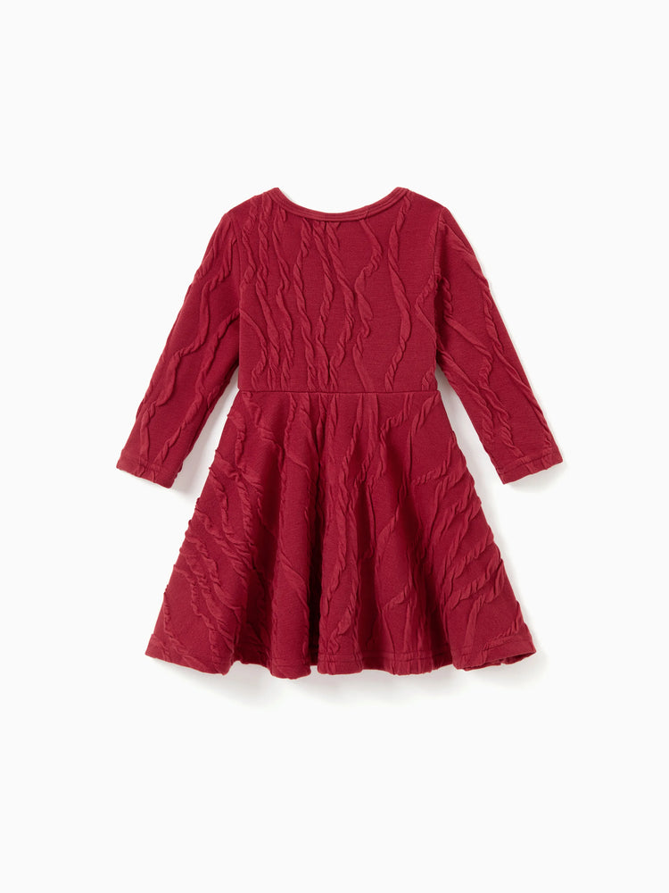 Robe texturée assortie mère-fille avec nœud, tenues familiales assorties à manches longues pour maman et moi, rouge brique