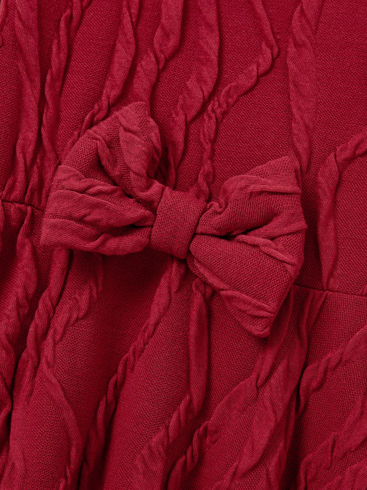 Robe texturée assortie mère-fille avec nœud, tenues familiales assorties à manches longues pour maman et moi, rouge brique