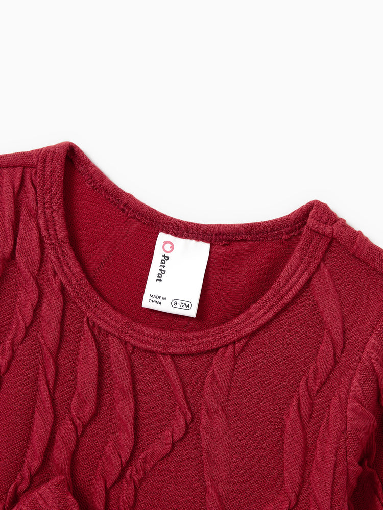 Robe texturée assortie mère-fille avec nœud, tenues familiales assorties à manches longues pour maman et moi, rouge brique