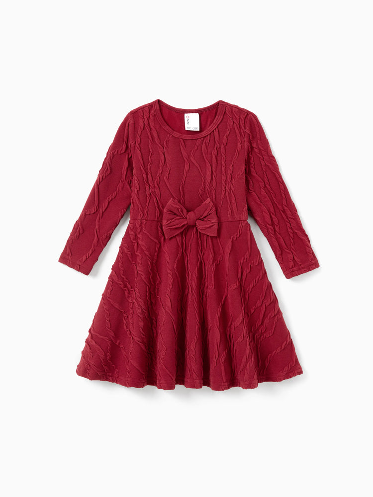 Robe texturée assortie mère-fille avec nœud, tenues familiales assorties à manches longues pour maman et moi, rouge brique