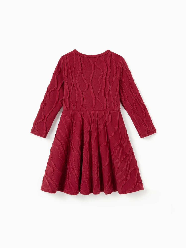 Robe texturée assortie mère-fille avec nœud, tenues familiales assorties à manches longues pour maman et moi, rouge brique