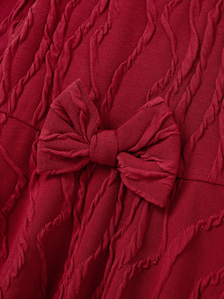 Robe texturée assortie mère-fille avec nœud, tenues familiales assorties à manches longues pour maman et moi, rouge brique