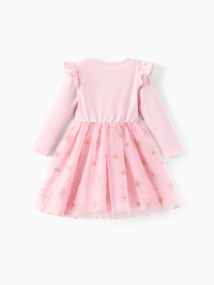 Robe en tulle à volants et manches longues pour petite fille, motif princesse Disney Ariel/Belle/Tiana/Raiponce, rose