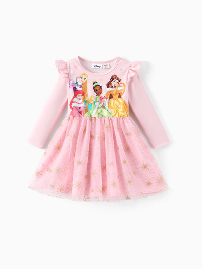 Robe en tulle à volants et manches longues pour petite fille, motif princesse Disney Ariel/Belle/Tiana/Raiponce, rose