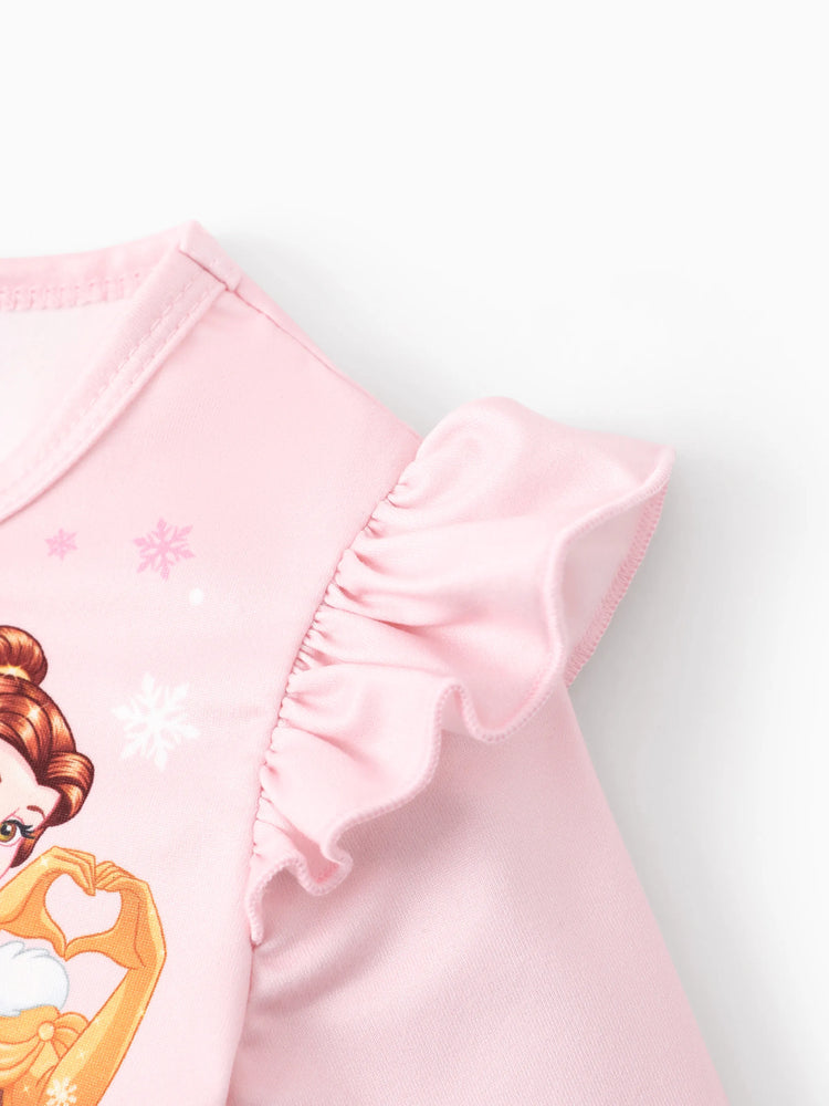 Robe en tulle à volants et manches longues pour petite fille, motif princesse Disney Ariel/Belle/Tiana/Raiponce, rose