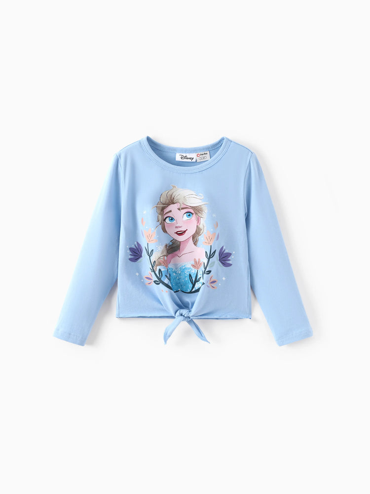 Ensemble 2 pièces Disney La Reine des Neiges pour fille, haut à manches longues et pantalon évasé à imprimé floral, en coton, à ourlet chic, Elsa, bleu
