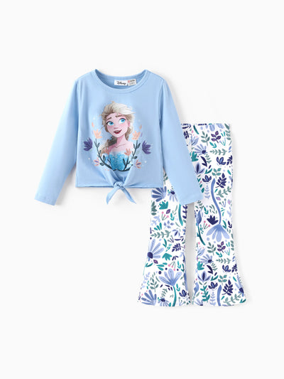 Disney Frozen Toddler/Kids Girl 2pcs Elsa Chic Hem Cotton Long-sleeve Top and Floral Printed Flare Pants Set Blue