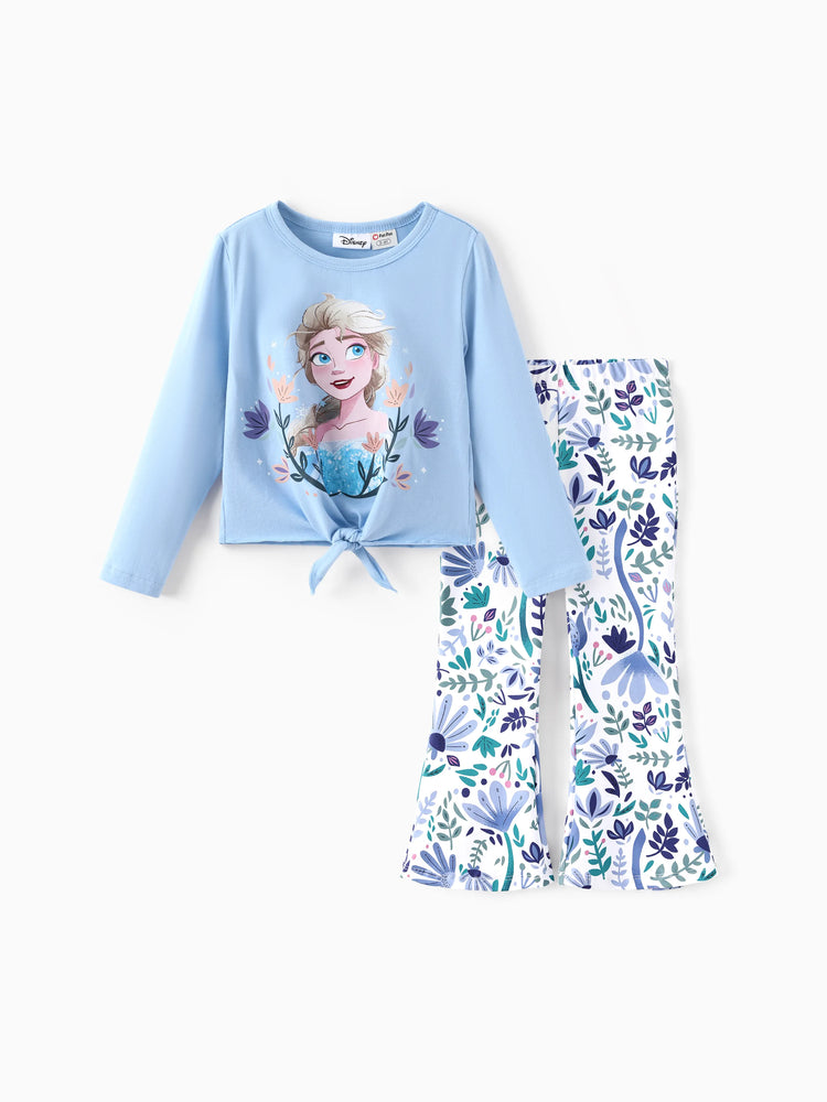 Ensemble 2 pièces Disney La Reine des Neiges pour fille, haut à manches longues et pantalon évasé à imprimé floral, en coton, à ourlet chic, Elsa, bleu