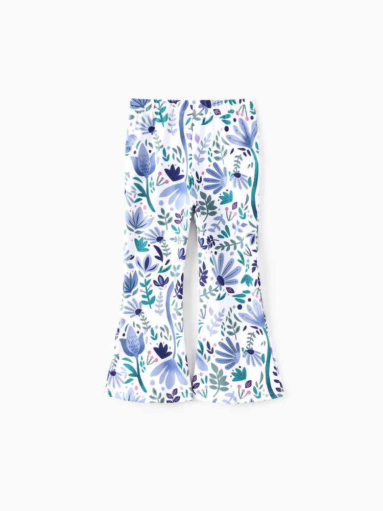 Ensemble 2 pièces Disney La Reine des Neiges pour fille, haut à manches longues et pantalon évasé à imprimé floral, en coton, à ourlet chic, Elsa, bleu