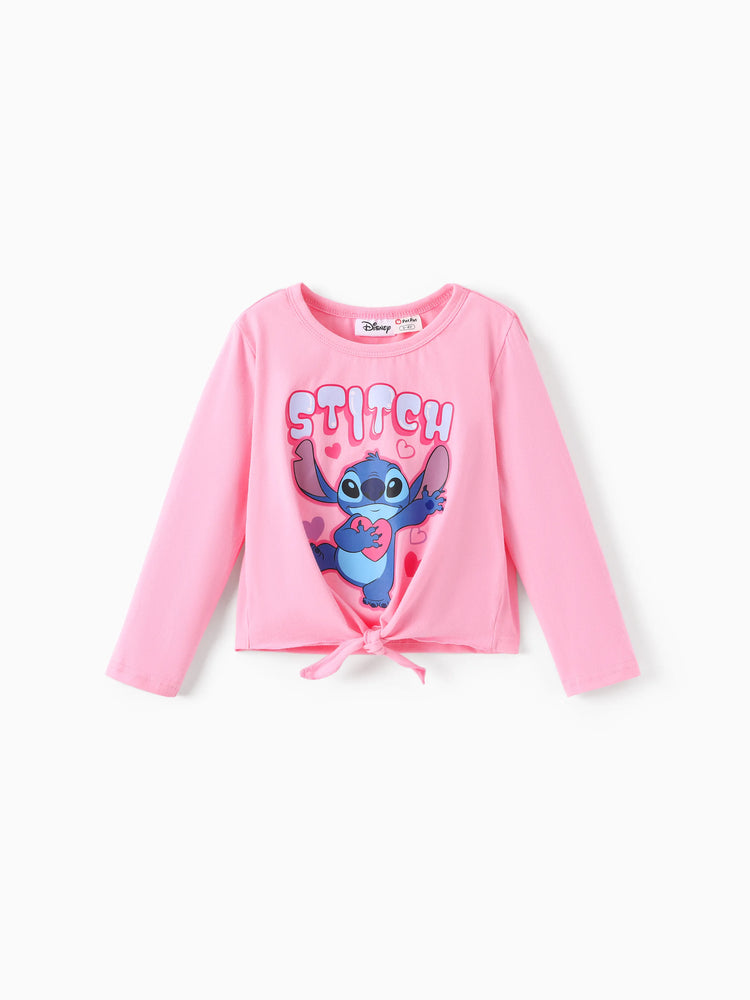 Disney Stitch Toddler/Kids Girl Stitch 2pcs Tie Front Longsleeves Top and Pattern Flared Pant Set Pink