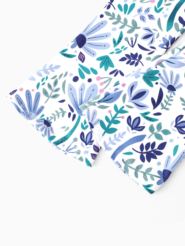 Ensemble 2 pièces Disney La Reine des Neiges pour fille, haut à manches longues et pantalon évasé à imprimé floral, en coton, à ourlet chic, Elsa, bleu