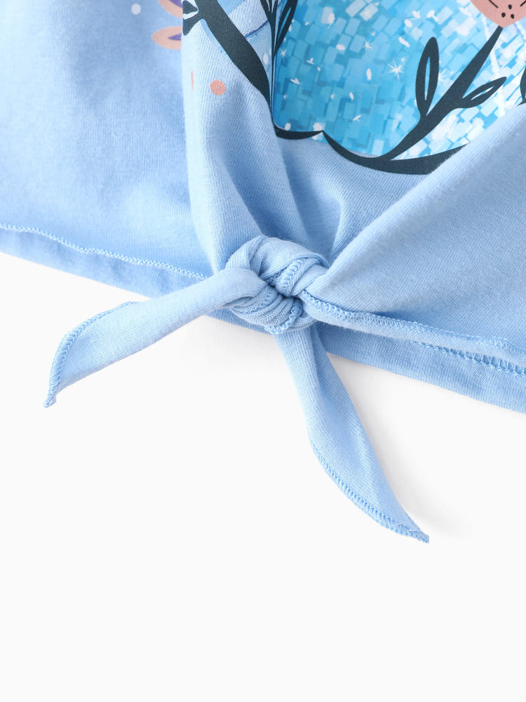 Ensemble 2 pièces Disney La Reine des Neiges pour fille, haut à manches longues et pantalon évasé à imprimé floral, en coton, à ourlet chic, Elsa, bleu