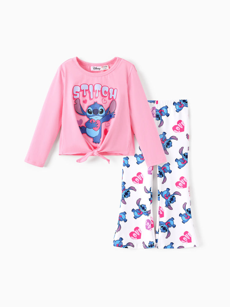 Disney Stitch Toddler/Kids Girl Stitch 2pcs Tie Front Longsleeves Top and Pattern Flared Pant Set Pink
