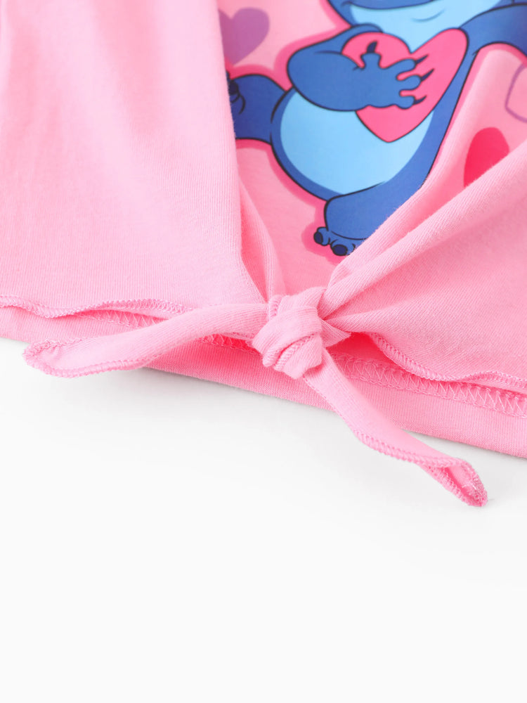 Disney Stitch Toddler/Kids Girl Stitch 2pcs Tie Front Longsleeves Top and Pattern Flared Pant Set Pink