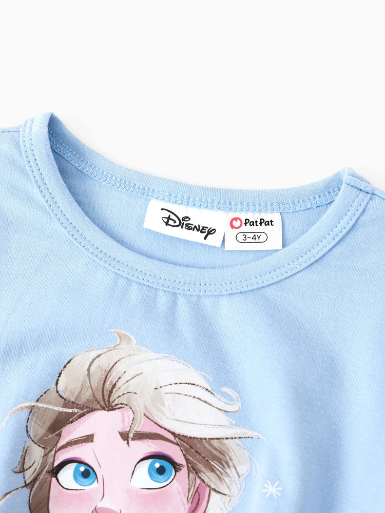 Ensemble 2 pièces Disney La Reine des Neiges pour fille, haut à manches longues et pantalon évasé à imprimé floral, en coton, à ourlet chic, Elsa, bleu