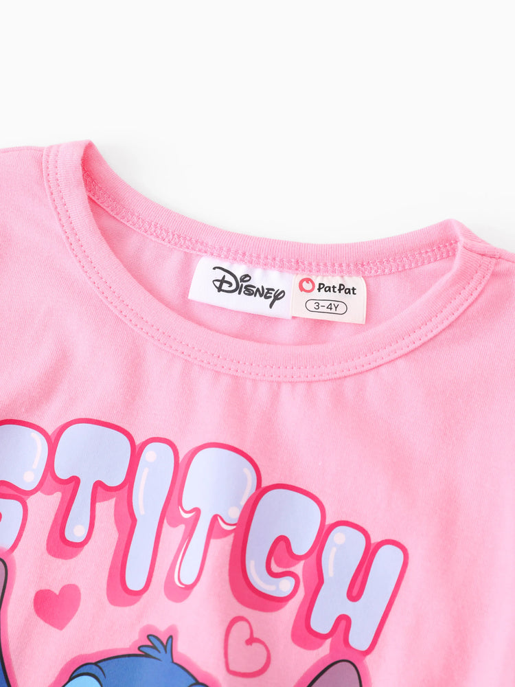 Disney Stitch Toddler/Kids Girl Stitch 2pcs Tie Front Longsleeves Top and Pattern Flared Pant Set Pink
