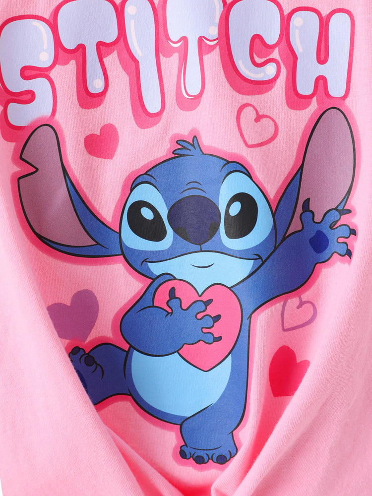 Disney Stitch Toddler/Kids Girl Stitch 2pcs Tie Front Longsleeves Top and Pattern Flared Pant Set Pink