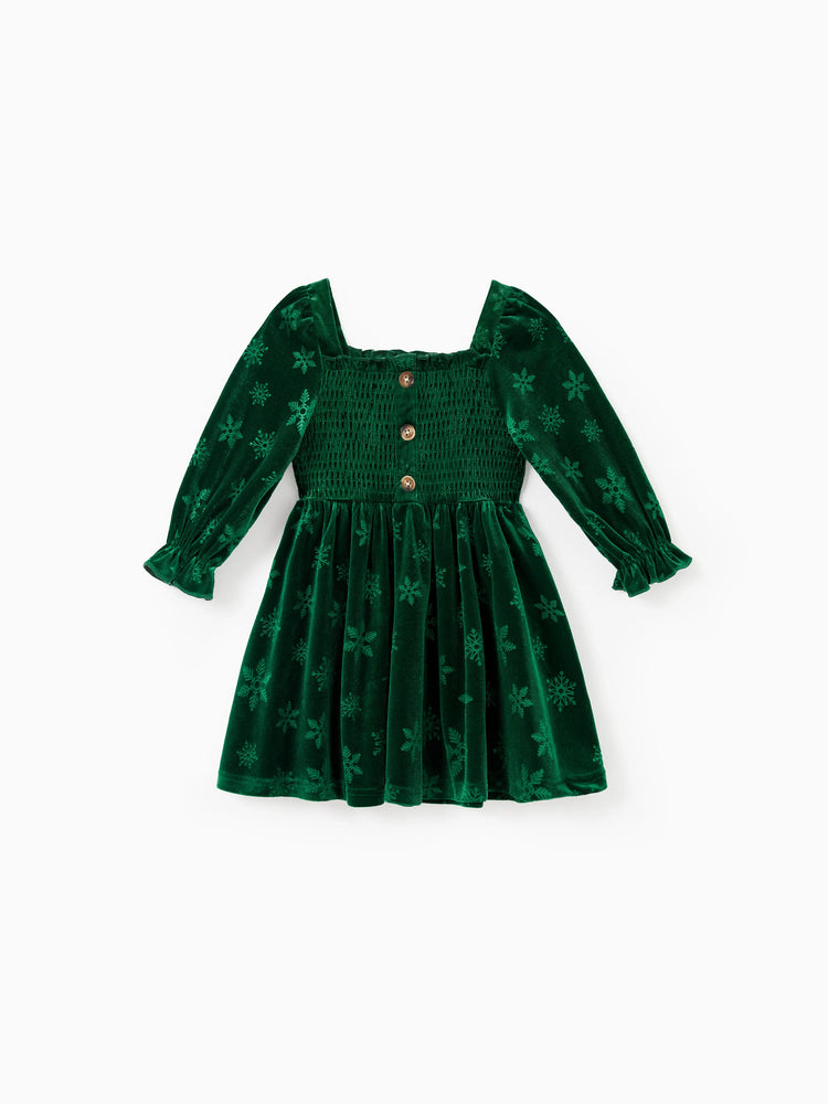 Christmas Matching Family Snowflake Print Velet Long-sleeve Body-con Dress for Mommy and Me Dark Green