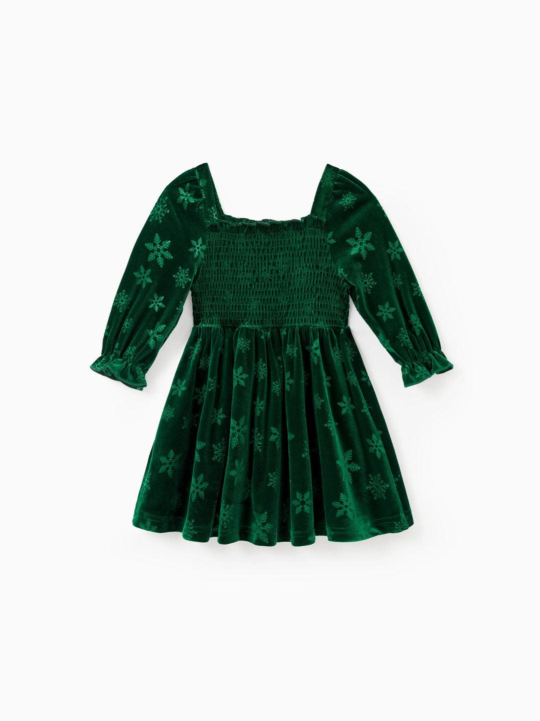 Vestido ajustado de terciopelo de manga larga con estampado de copos de nieve para mamá y yo, color verde oscuro