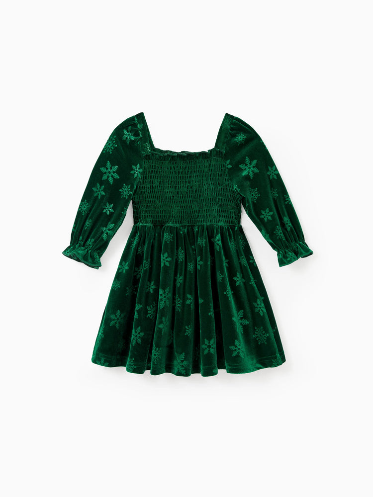Christmas Matching Family Snowflake Print Velet Long-sleeve Body-con Dress for Mommy and Me Dark Green