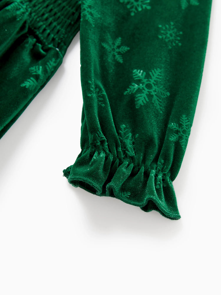Christmas Matching Family Snowflake Print Velet Long-sleeve Body-con Dress for Mommy and Me Dark Green