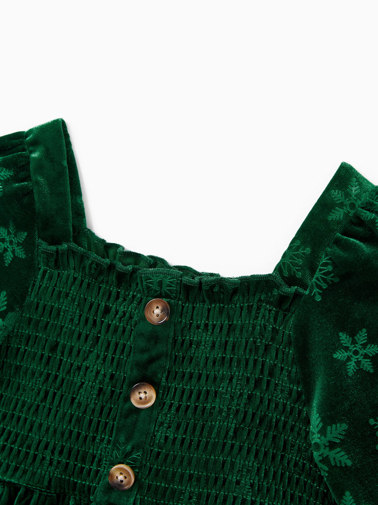 Christmas Matching Family Snowflake Print Velet Long-sleeve Body-con Dress for Mommy and Me Dark Green