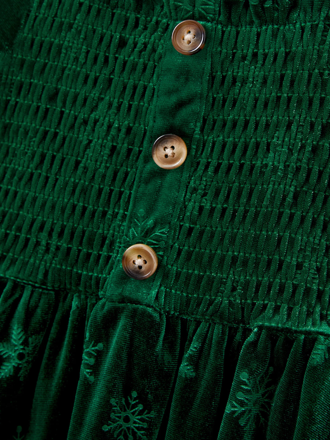 Vestido ajustado de terciopelo de manga larga con estampado de copos de nieve para mamá y yo, color verde oscuro