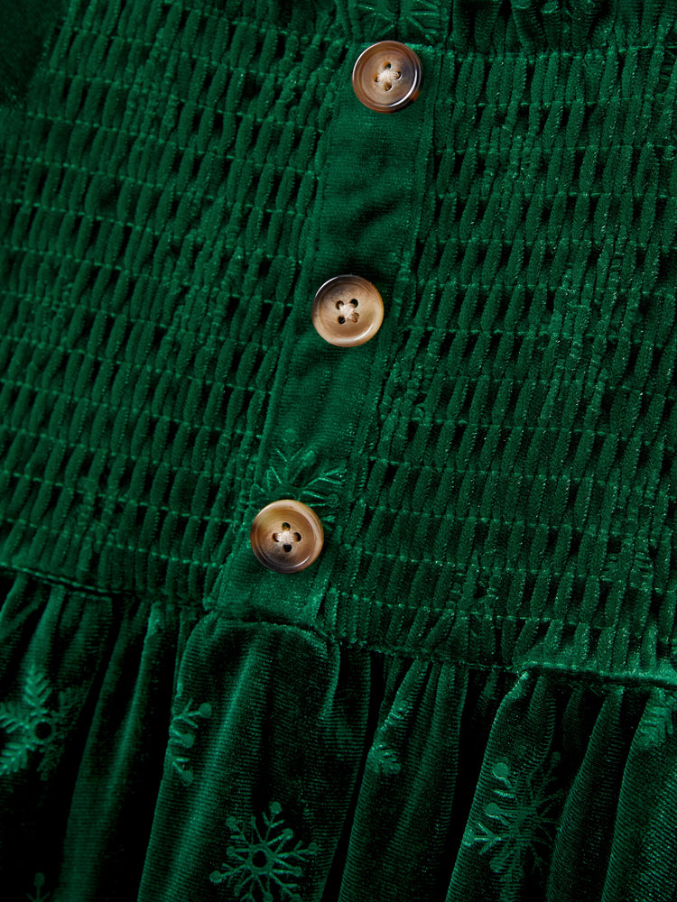 Christmas Matching Family Snowflake Print Velet Long-sleeve Body-con Dress for Mommy and Me Dark Green