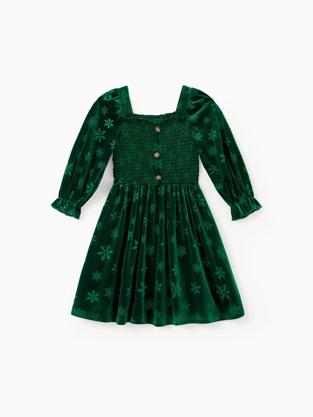 Vestido ajustado de terciopelo de manga larga con estampado de copos de nieve para mamá y yo, color verde oscuro