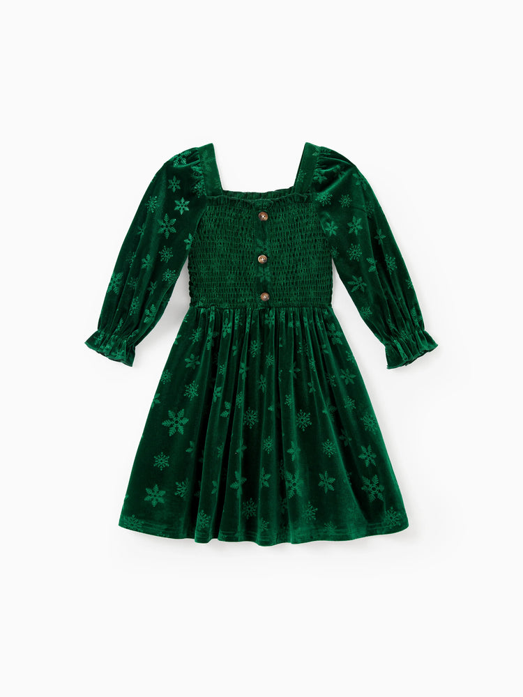 Christmas Matching Family Snowflake Print Velet Long-sleeve Body-con Dress for Mommy and Me Dark Green