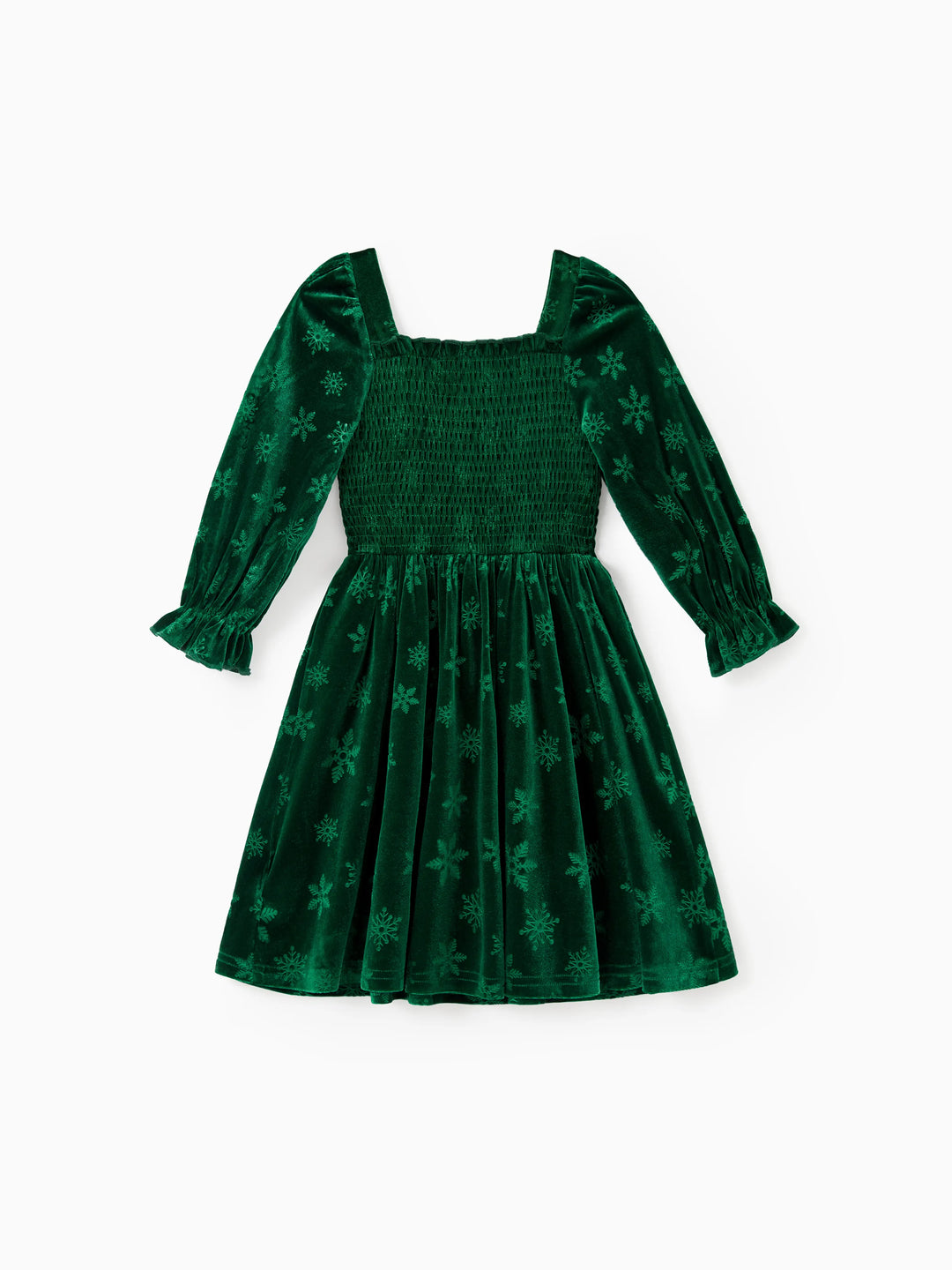 Vestido ajustado de terciopelo de manga larga con estampado de copos de nieve para mamá y yo, color verde oscuro