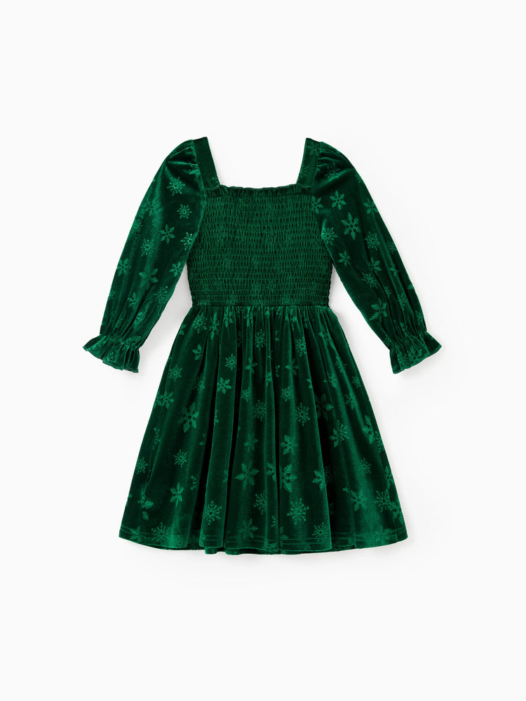 Christmas Matching Family Snowflake Print Velet Long-sleeve Body-con Dress for Mommy and Me Dark Green