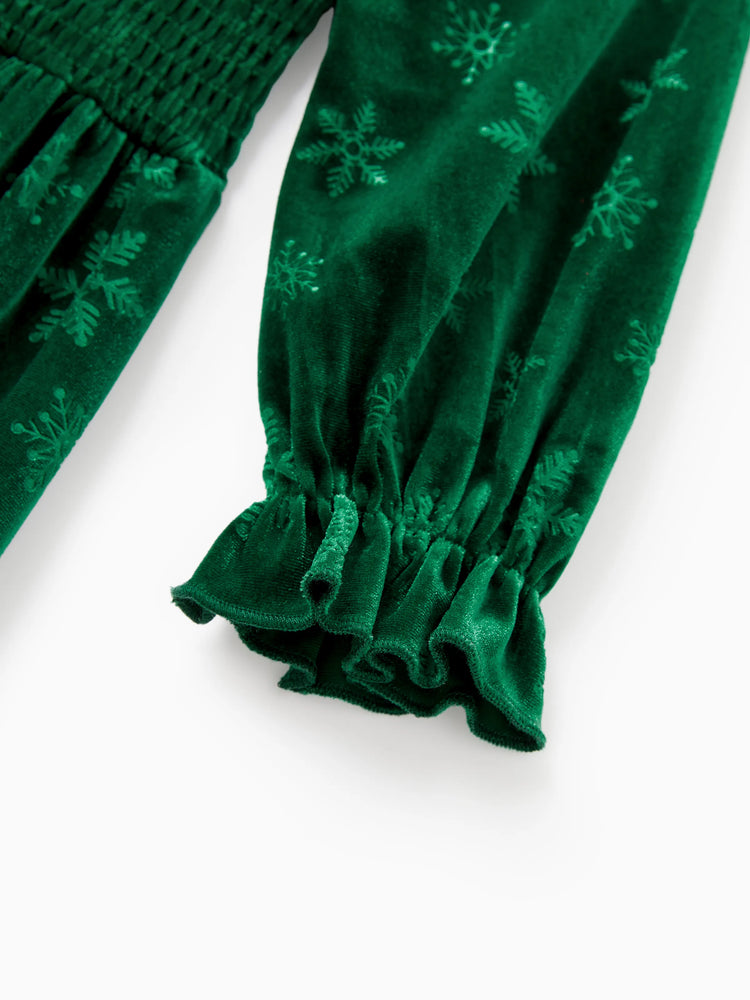 Christmas Matching Family Snowflake Print Velet Long-sleeve Body-con Dress for Mommy and Me Dark Green