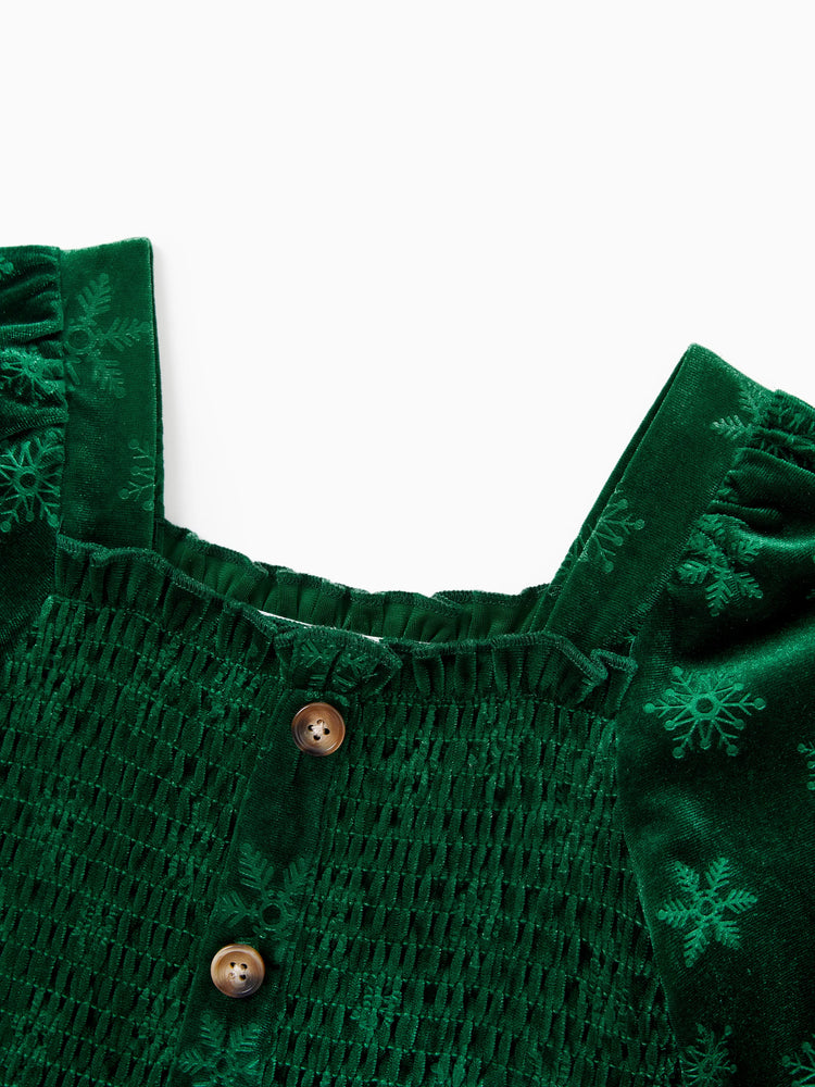 Christmas Matching Family Snowflake Print Velet Long-sleeve Body-con Dress for Mommy and Me Dark Green