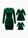 Christmas Matching Family Snowflake Print Velet Long-sleeve Body-con Dress for Mommy and Me Dark Green
