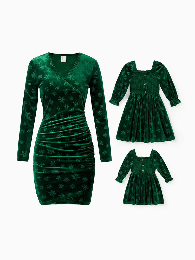 Christmas Matching Family Snowflake Print Velet Long-sleeve Body-con Dress for Mommy and Me Dark Green
